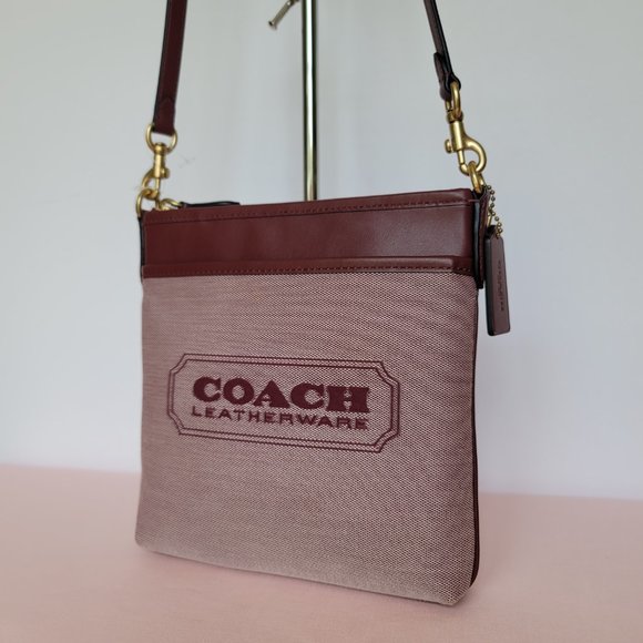 COACH Kitt Badge Jacquard & Smooth Leather Crossbody- Wine Multi ⭐ - Picture 4 of 16